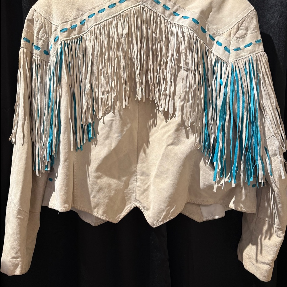 Pioneer Wear Women's Fringe Leather Jacket - Cream and Teal - Picture 4 of 7